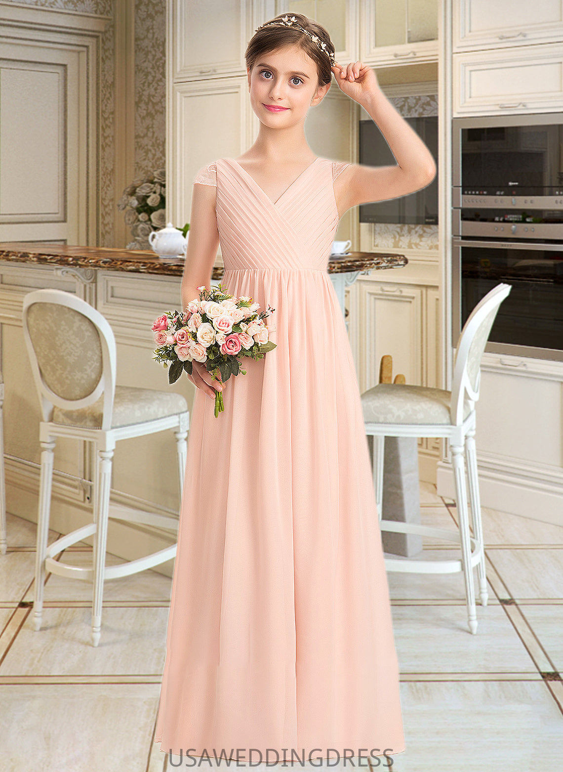 Chaya A-Line V-neck Floor-Length Chiffon Lace Junior Bridesmaid Dress With Ruffle DSP0013540