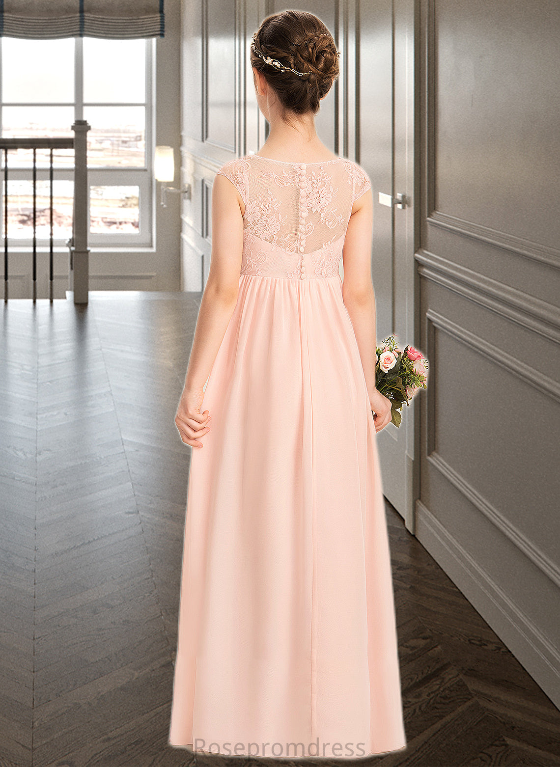 Audrina A-Line V-neck Floor-Length Chiffon Lace Junior Bridesmaid Dress With Ruffle SRSP0013540