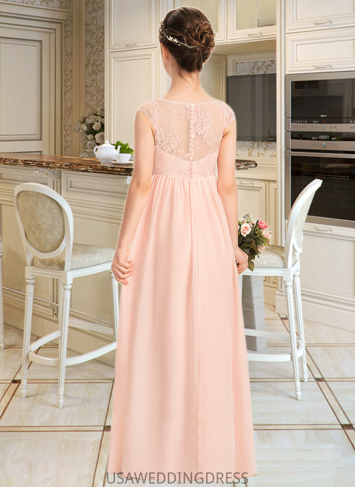 Chaya A-Line V-neck Floor-Length Chiffon Lace Junior Bridesmaid Dress With Ruffle DSP0013540