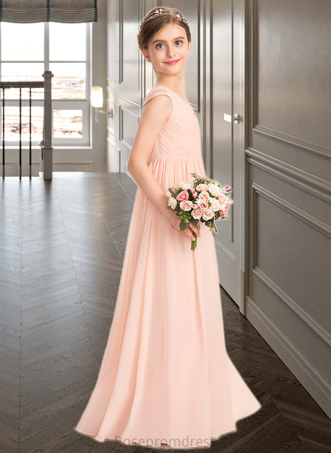 Audrina A-Line V-neck Floor-Length Chiffon Lace Junior Bridesmaid Dress With Ruffle SRSP0013540