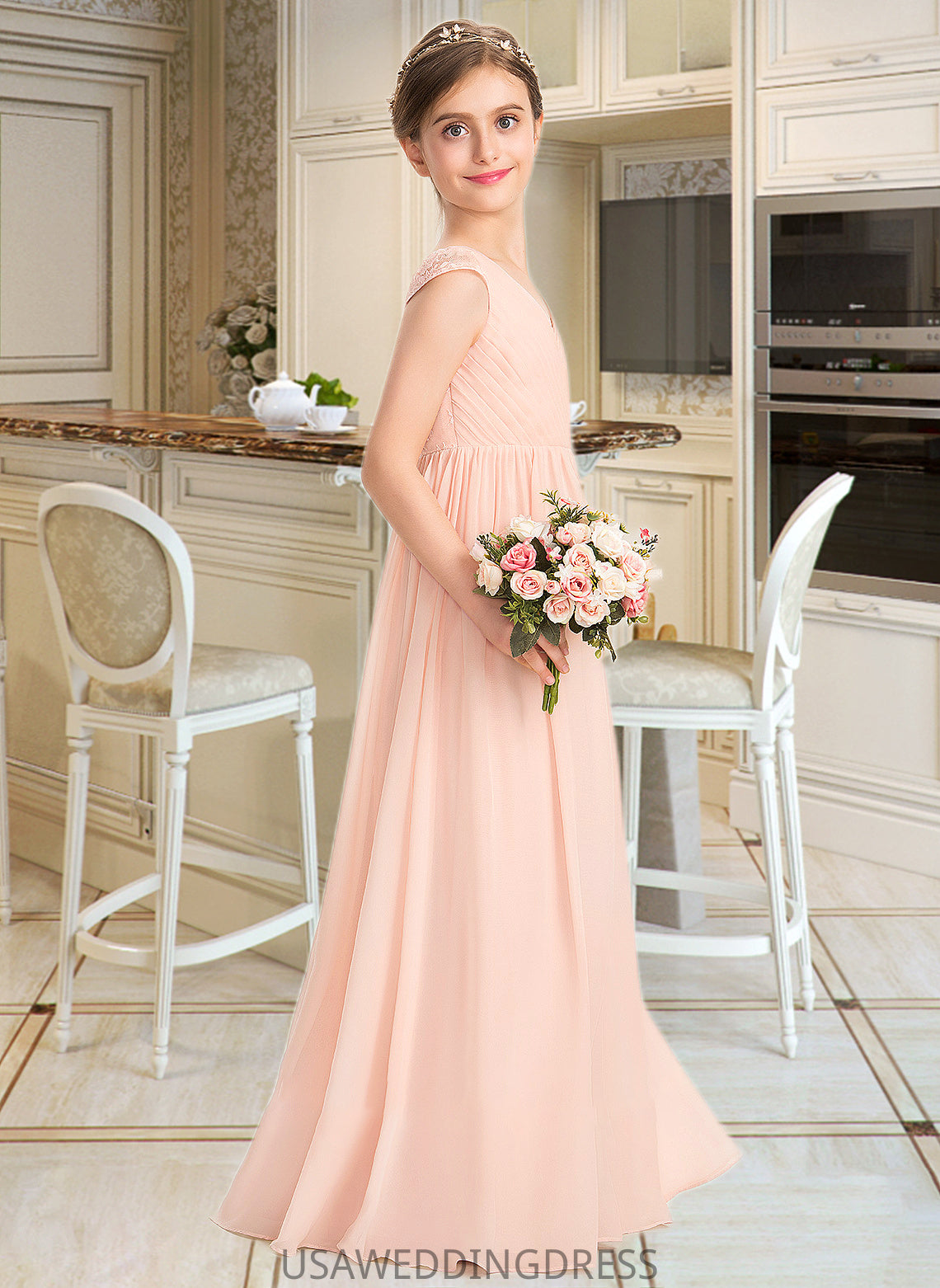 Chaya A-Line V-neck Floor-Length Chiffon Lace Junior Bridesmaid Dress With Ruffle DSP0013540