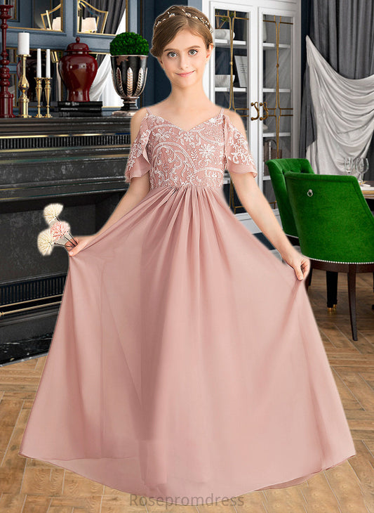 Teresa A-Line V-neck Floor-Length Chiffon Lace Junior Bridesmaid Dress SRSP0013541