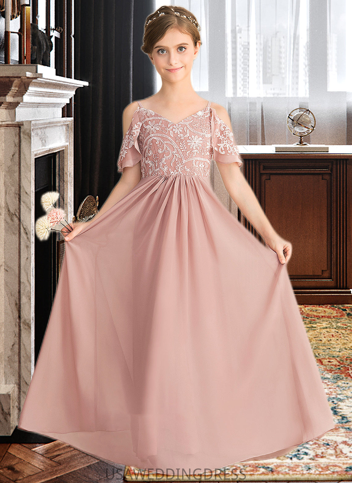 Ann A-Line V-neck Floor-Length Chiffon Lace Junior Bridesmaid Dress DSP0013541