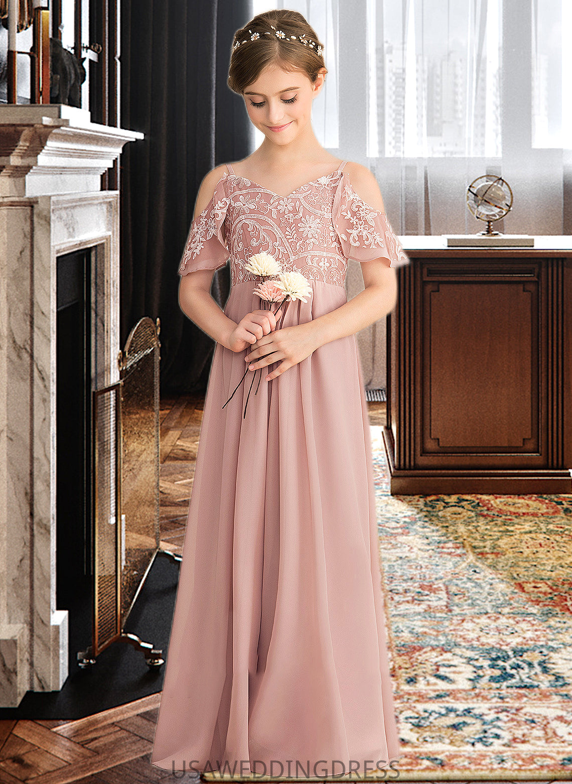 Ann A-Line V-neck Floor-Length Chiffon Lace Junior Bridesmaid Dress DSP0013541