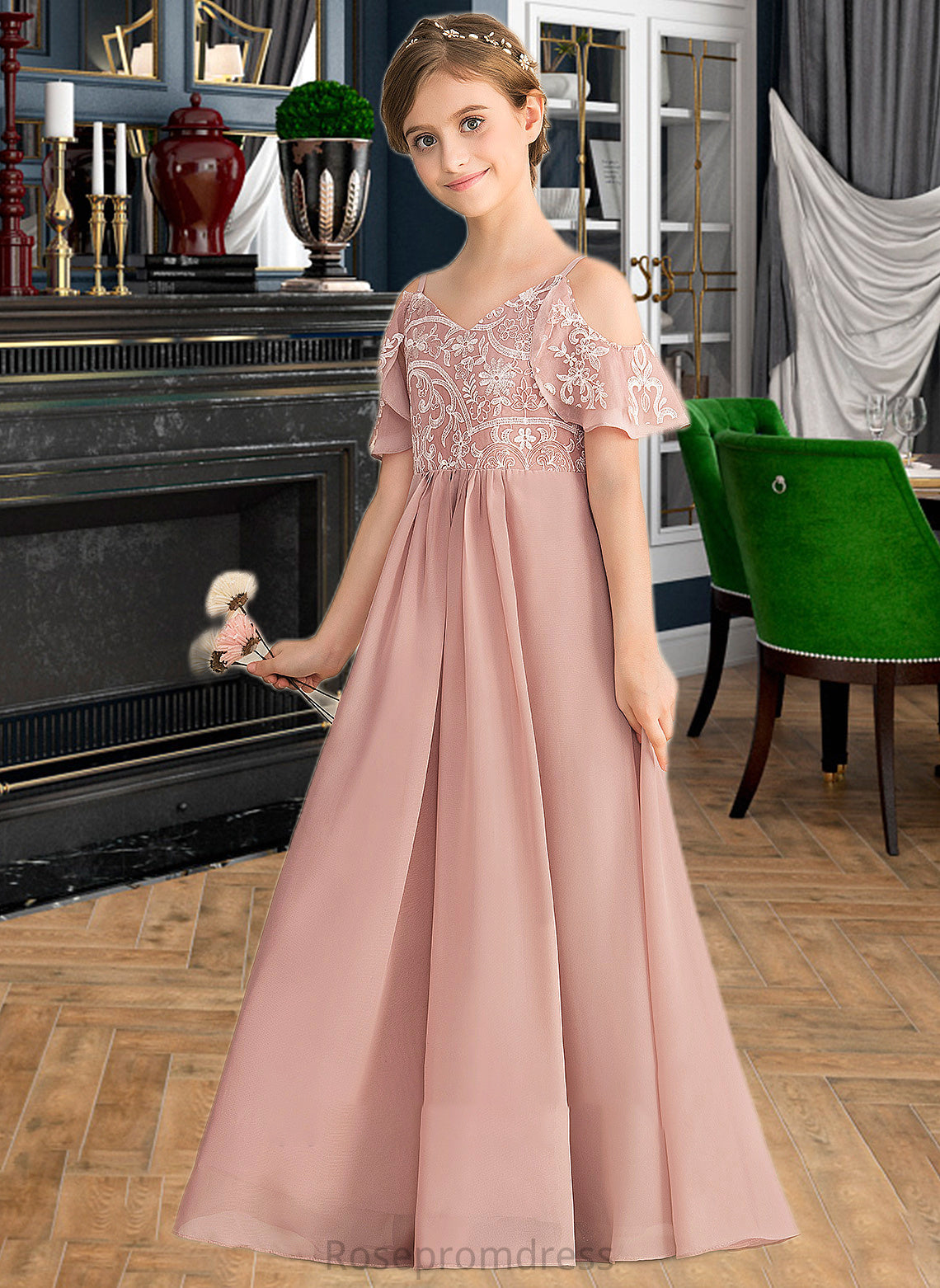 Teresa A-Line V-neck Floor-Length Chiffon Lace Junior Bridesmaid Dress SRSP0013541