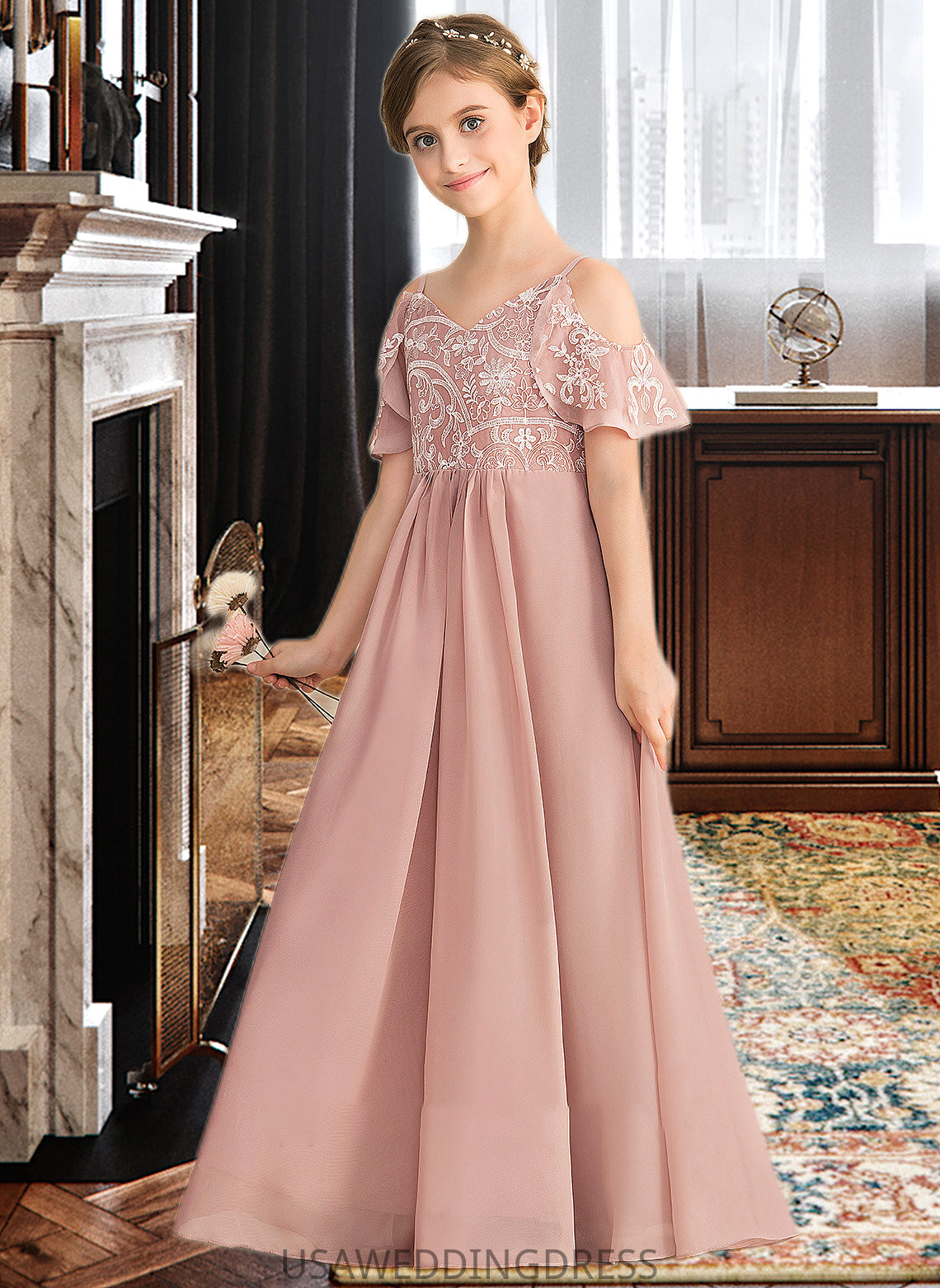 Ann A-Line V-neck Floor-Length Chiffon Lace Junior Bridesmaid Dress DSP0013541