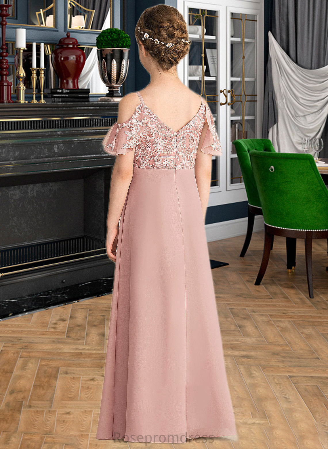 Teresa A-Line V-neck Floor-Length Chiffon Lace Junior Bridesmaid Dress SRSP0013541