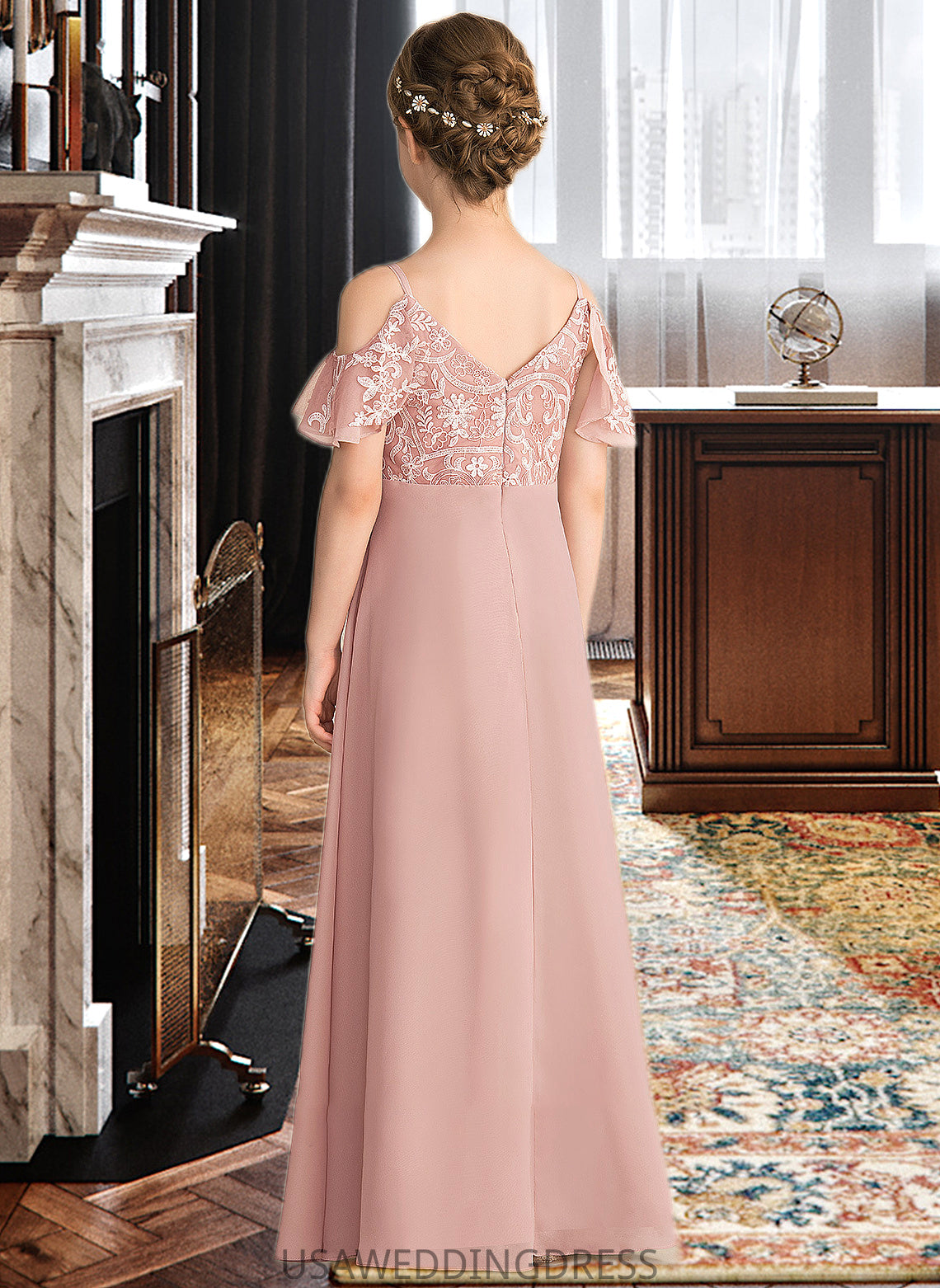 Ann A-Line V-neck Floor-Length Chiffon Lace Junior Bridesmaid Dress DSP0013541