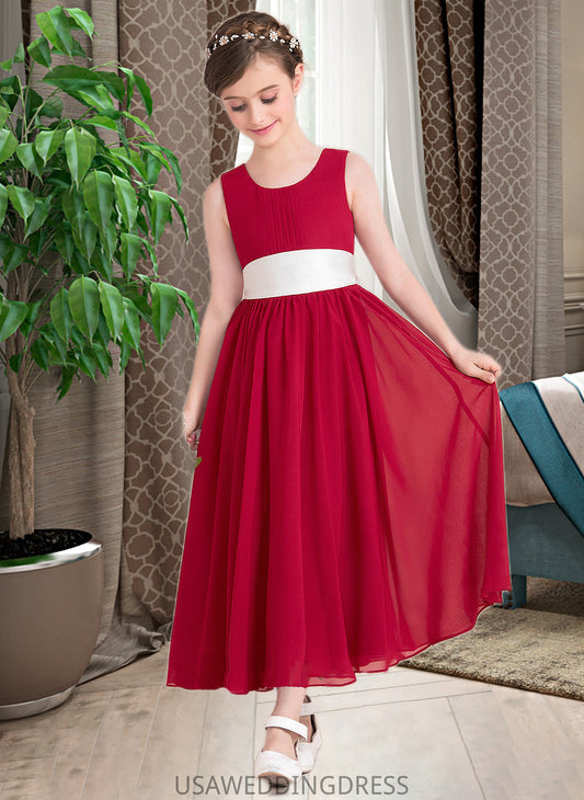 Lea Empire A-Line Scoop Neck Ankle-Length Chiffon Junior Bridesmaid Dress With Sash Bow(s) DSP0013542