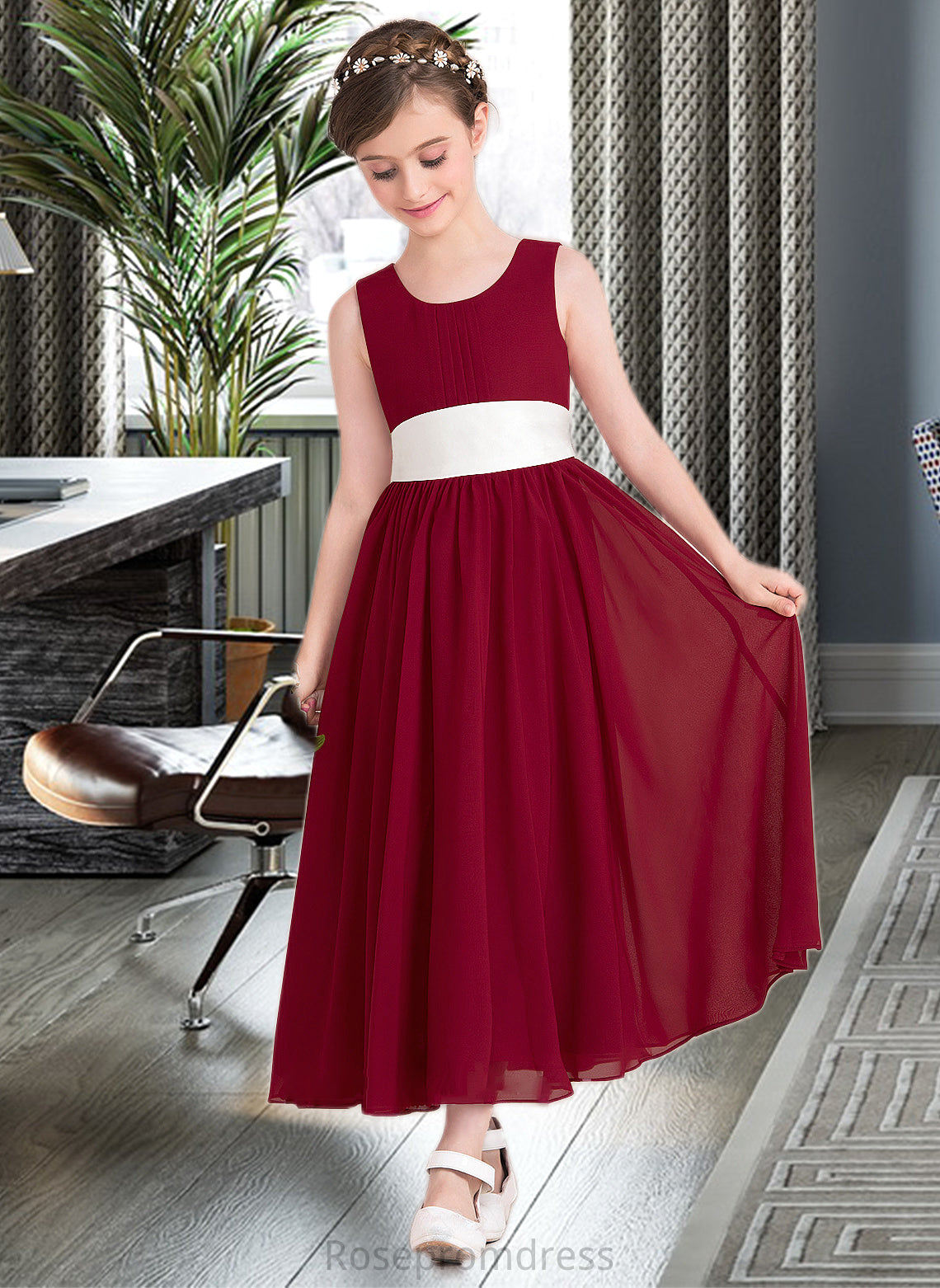 Ainsley Empire A-Line Scoop Neck Ankle-Length Chiffon Junior Bridesmaid Dress With Sash Bow(s) SRSP0013542