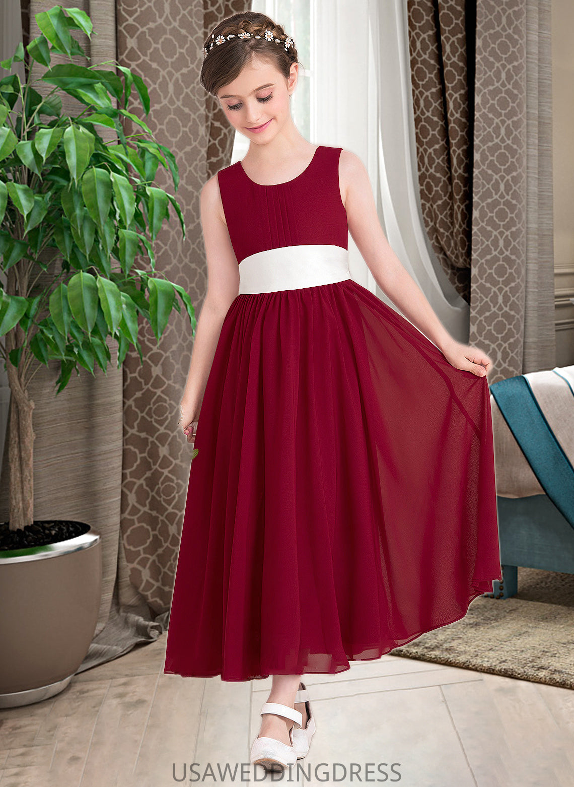 Lea Empire A-Line Scoop Neck Ankle-Length Chiffon Junior Bridesmaid Dress With Sash Bow(s) DSP0013542