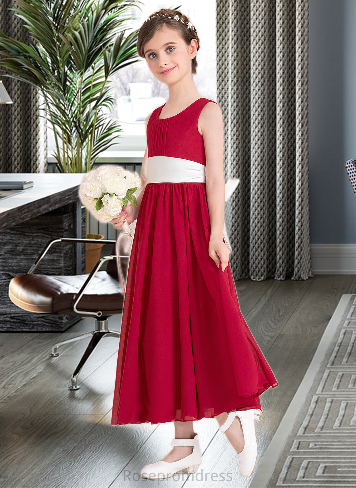 Ainsley Empire A-Line Scoop Neck Ankle-Length Chiffon Junior Bridesmaid Dress With Sash Bow(s) SRSP0013542