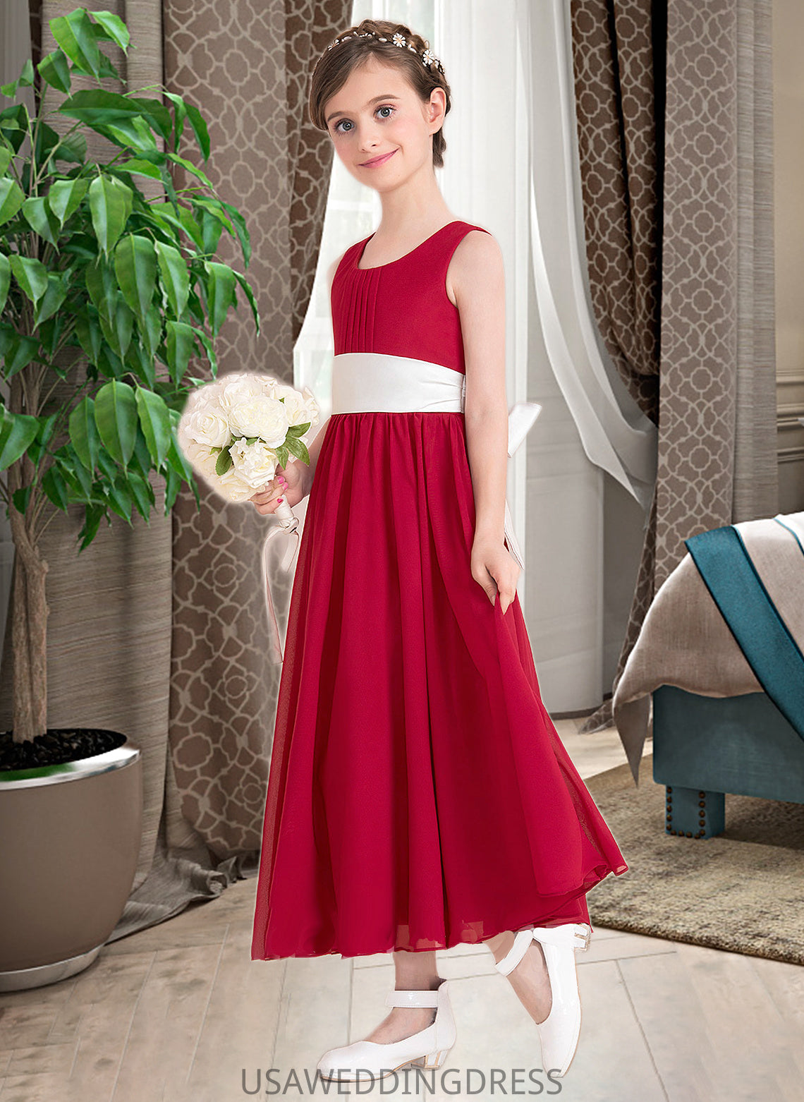 Lea Empire A-Line Scoop Neck Ankle-Length Chiffon Junior Bridesmaid Dress With Sash Bow(s) DSP0013542