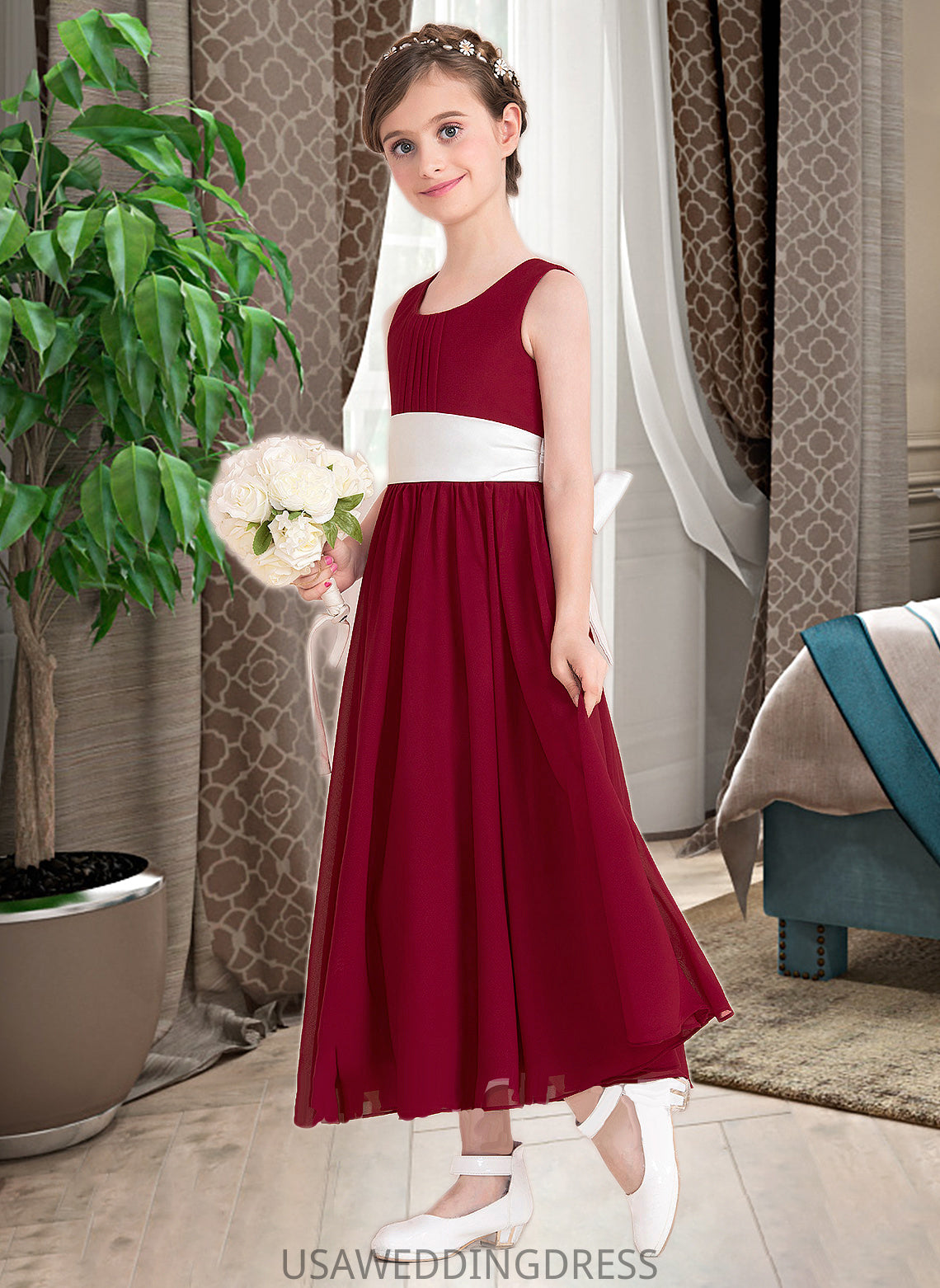 Lea Empire A-Line Scoop Neck Ankle-Length Chiffon Junior Bridesmaid Dress With Sash Bow(s) DSP0013542