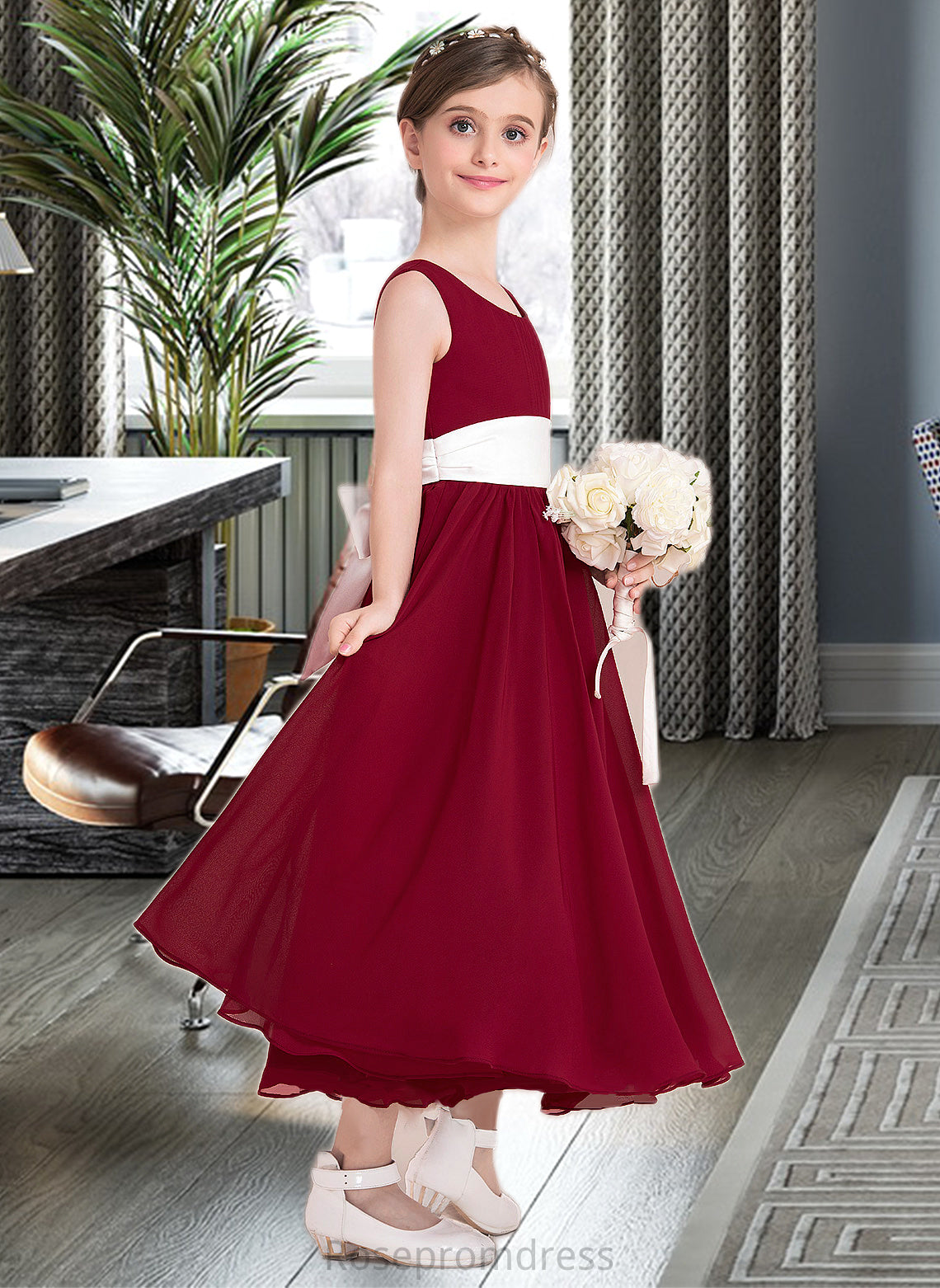 Ainsley Empire A-Line Scoop Neck Ankle-Length Chiffon Junior Bridesmaid Dress With Sash Bow(s) SRSP0013542