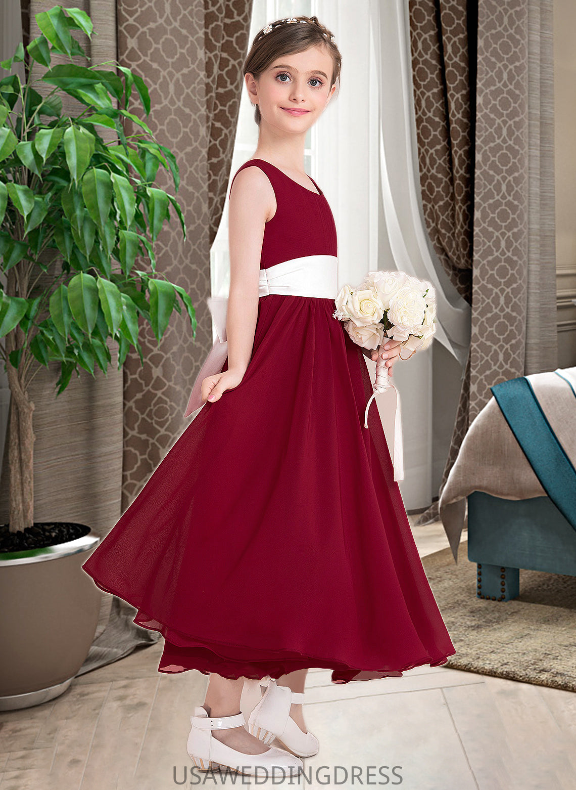 Lea Empire A-Line Scoop Neck Ankle-Length Chiffon Junior Bridesmaid Dress With Sash Bow(s) DSP0013542