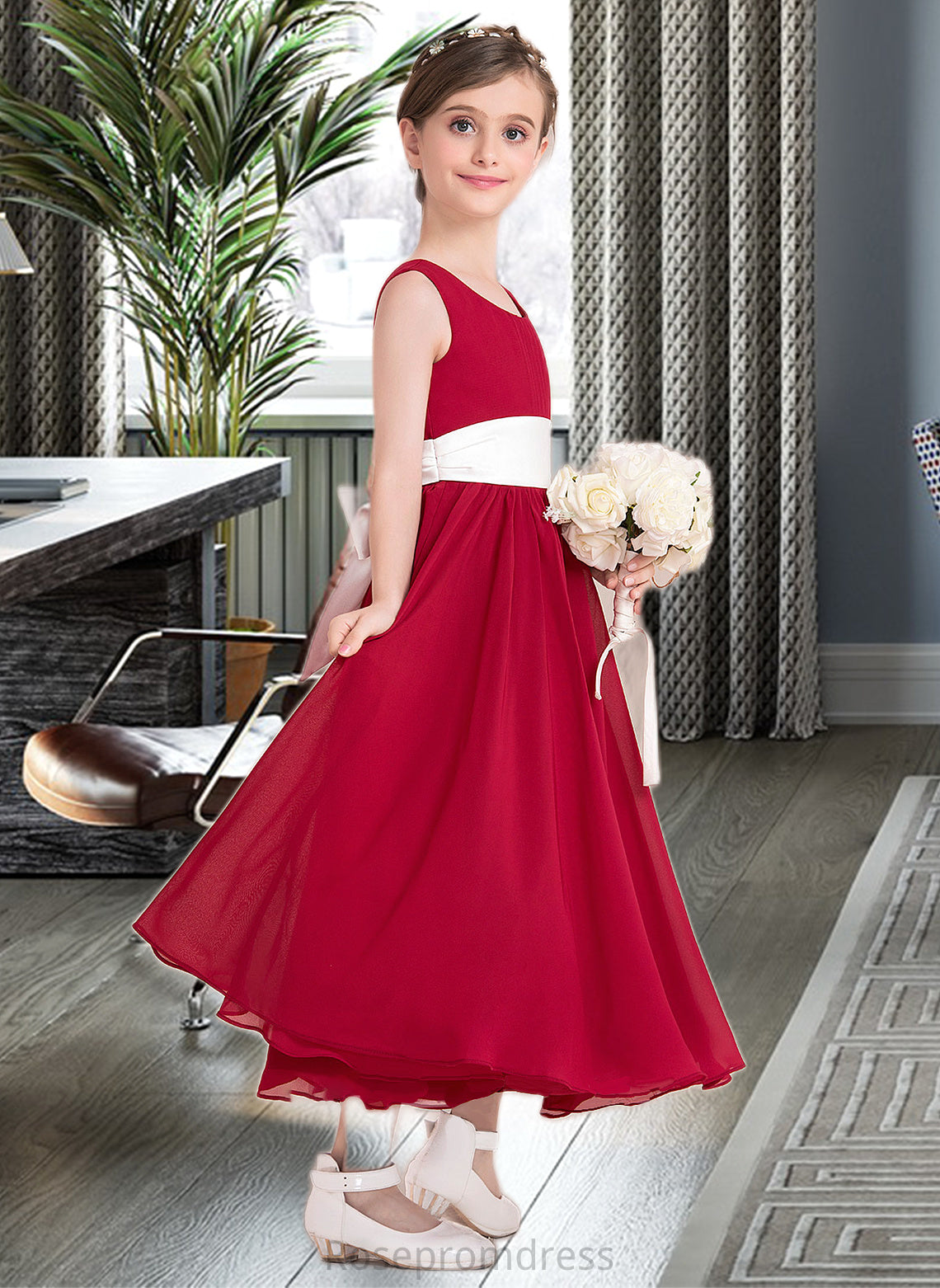 Ainsley Empire A-Line Scoop Neck Ankle-Length Chiffon Junior Bridesmaid Dress With Sash Bow(s) SRSP0013542