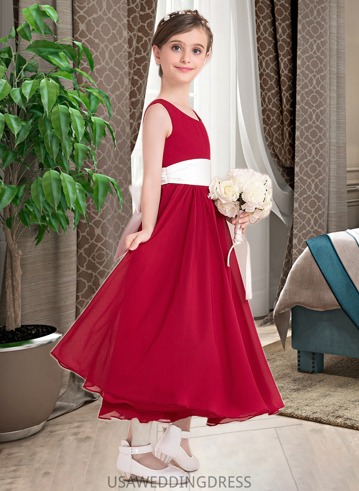 Lea Empire A-Line Scoop Neck Ankle-Length Chiffon Junior Bridesmaid Dress With Sash Bow(s) DSP0013542