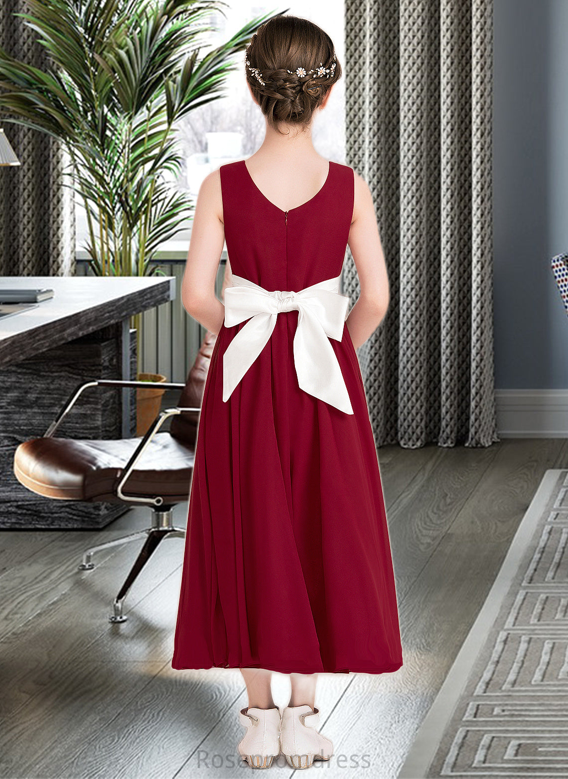 Ainsley Empire A-Line Scoop Neck Ankle-Length Chiffon Junior Bridesmaid Dress With Sash Bow(s) SRSP0013542