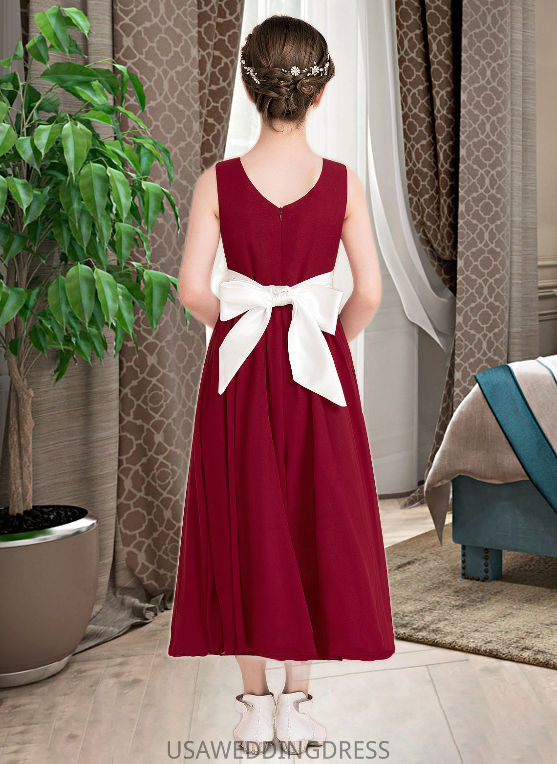 Lea Empire A-Line Scoop Neck Ankle-Length Chiffon Junior Bridesmaid Dress With Sash Bow(s) DSP0013542