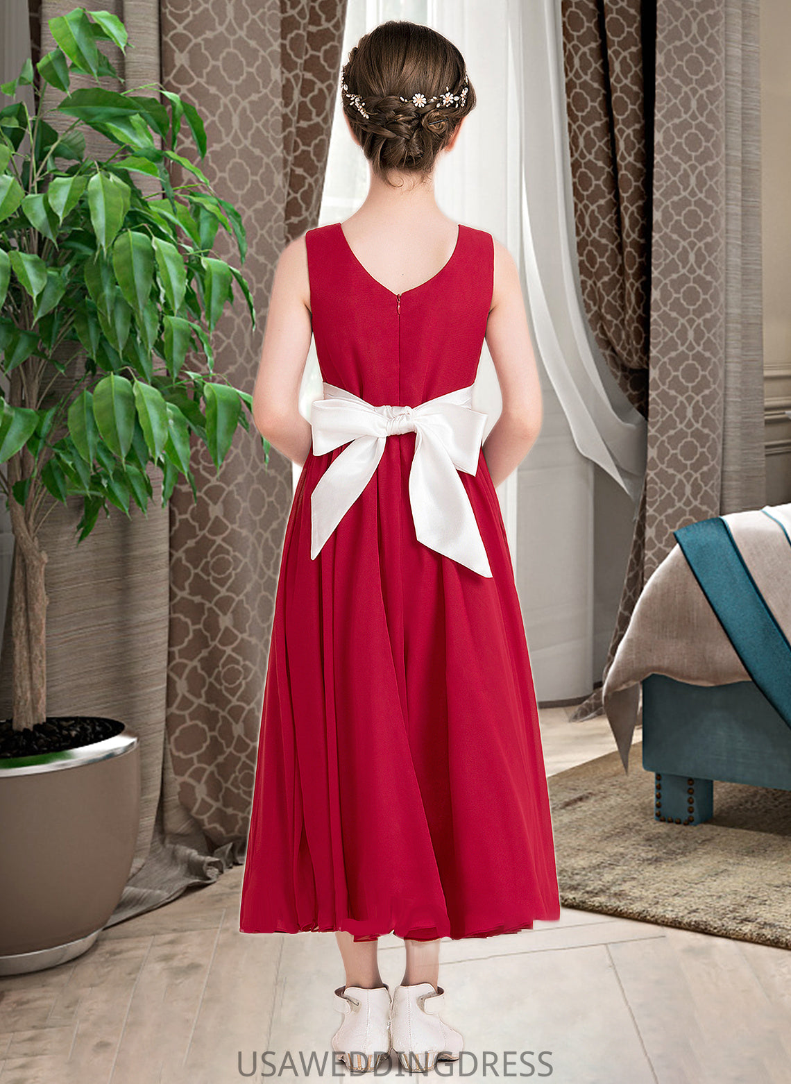 Lea Empire A-Line Scoop Neck Ankle-Length Chiffon Junior Bridesmaid Dress With Sash Bow(s) DSP0013542