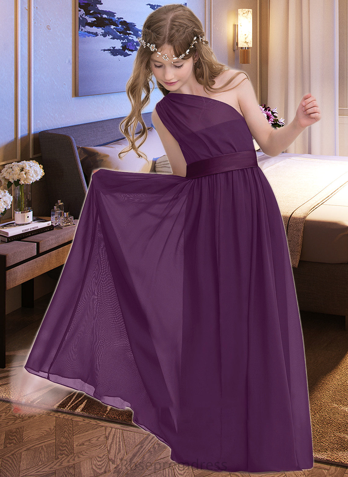 Elizabeth A-Line One-Shoulder Floor-Length Chiffon Junior Bridesmaid Dress With Ruffle SRSP0013544