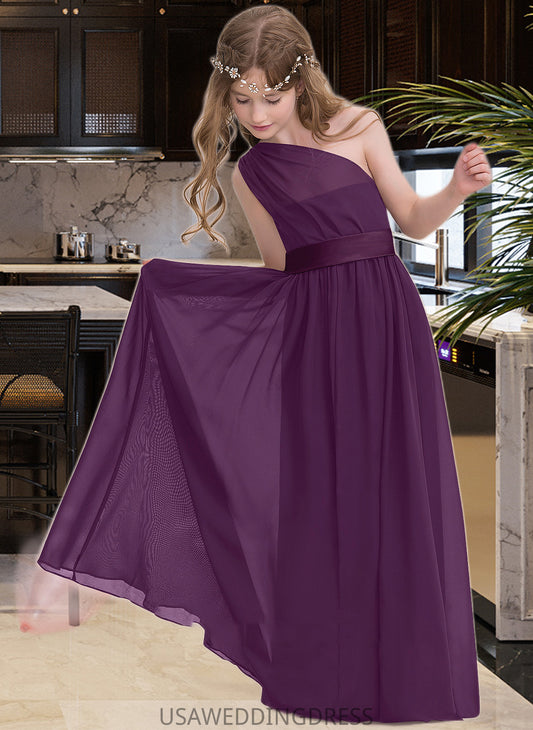 Ashanti A-Line One-Shoulder Floor-Length Chiffon Junior Bridesmaid Dress With Ruffle DSP0013544