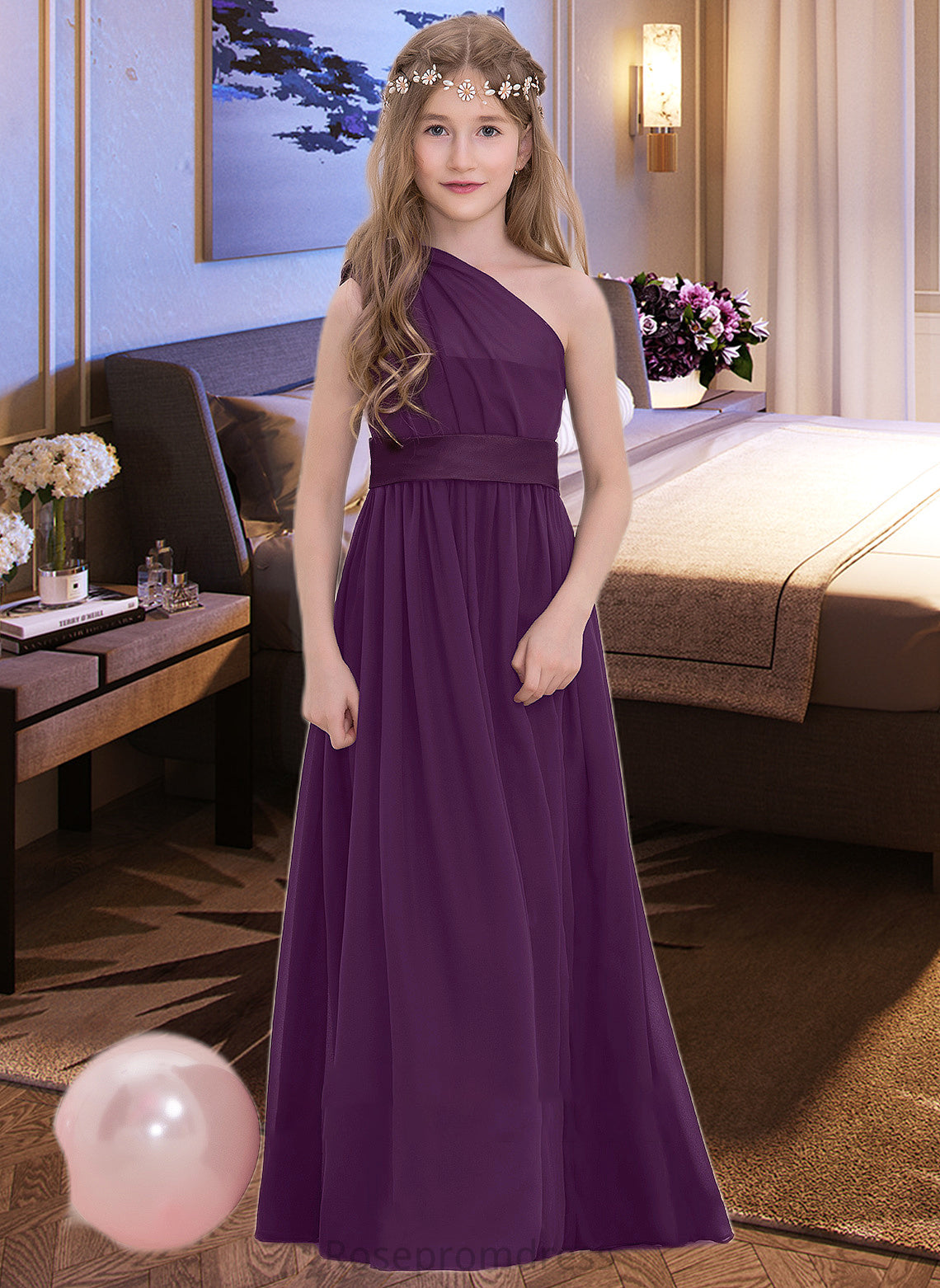 Elizabeth A-Line One-Shoulder Floor-Length Chiffon Junior Bridesmaid Dress With Ruffle SRSP0013544