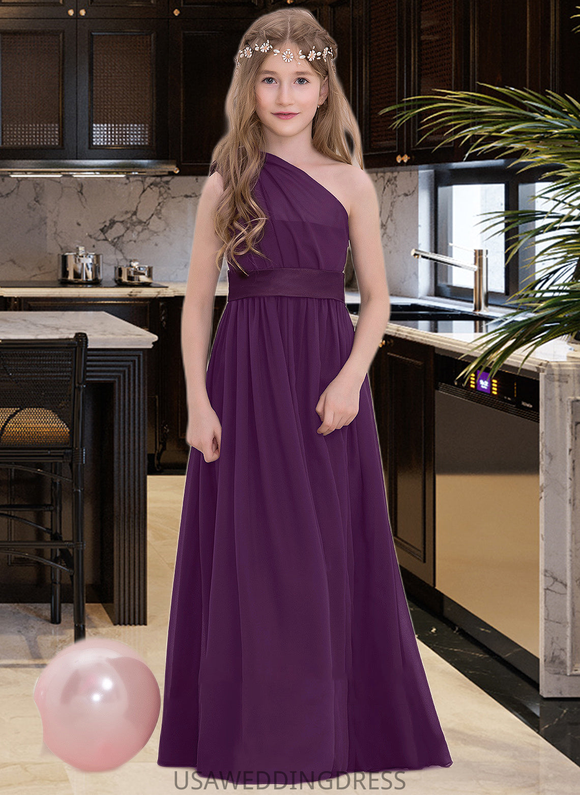 Ashanti A-Line One-Shoulder Floor-Length Chiffon Junior Bridesmaid Dress With Ruffle DSP0013544