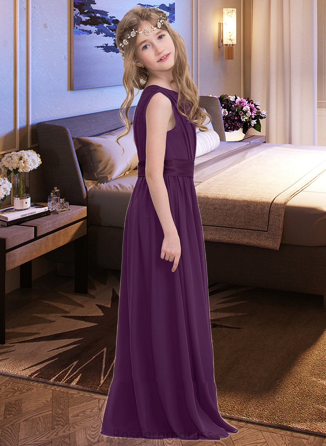 Elizabeth A-Line One-Shoulder Floor-Length Chiffon Junior Bridesmaid Dress With Ruffle SRSP0013544