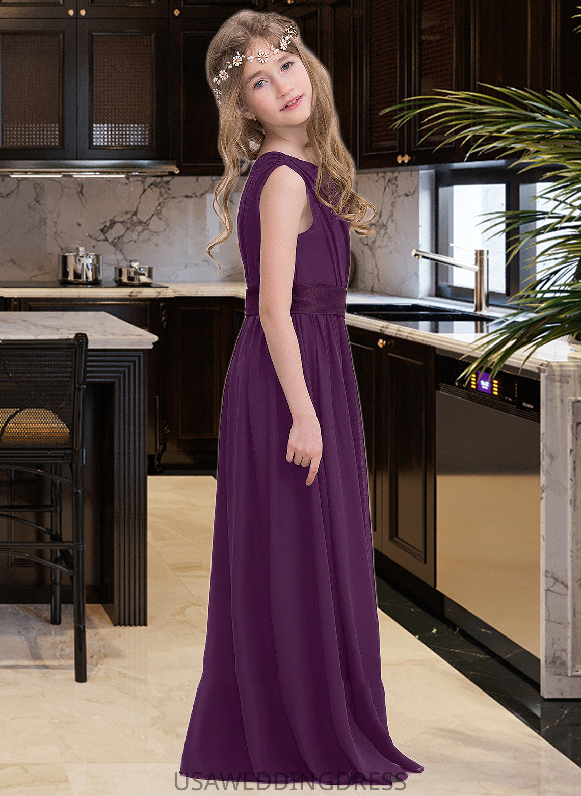 Ashanti A-Line One-Shoulder Floor-Length Chiffon Junior Bridesmaid Dress With Ruffle DSP0013544