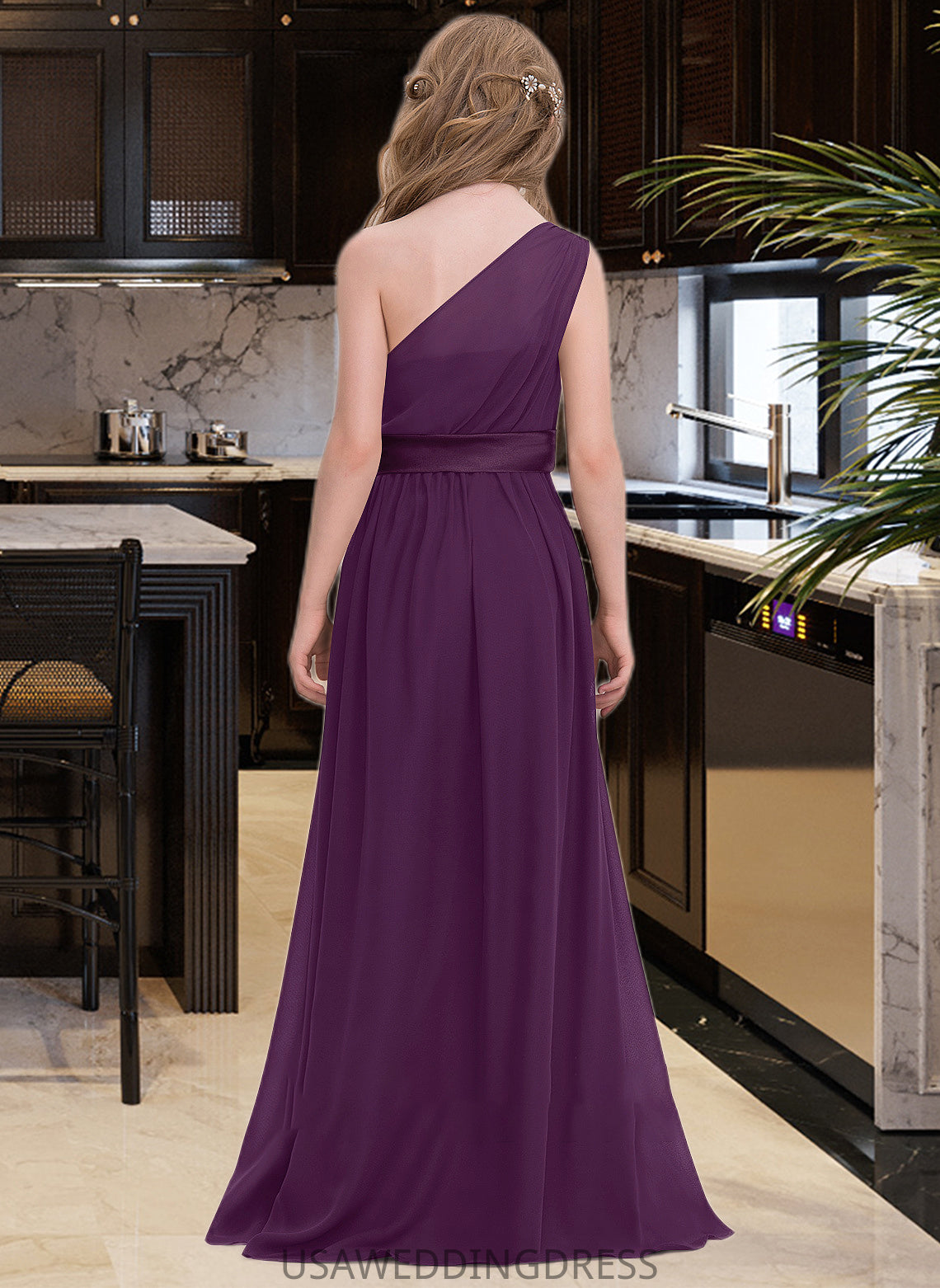 Ashanti A-Line One-Shoulder Floor-Length Chiffon Junior Bridesmaid Dress With Ruffle DSP0013544