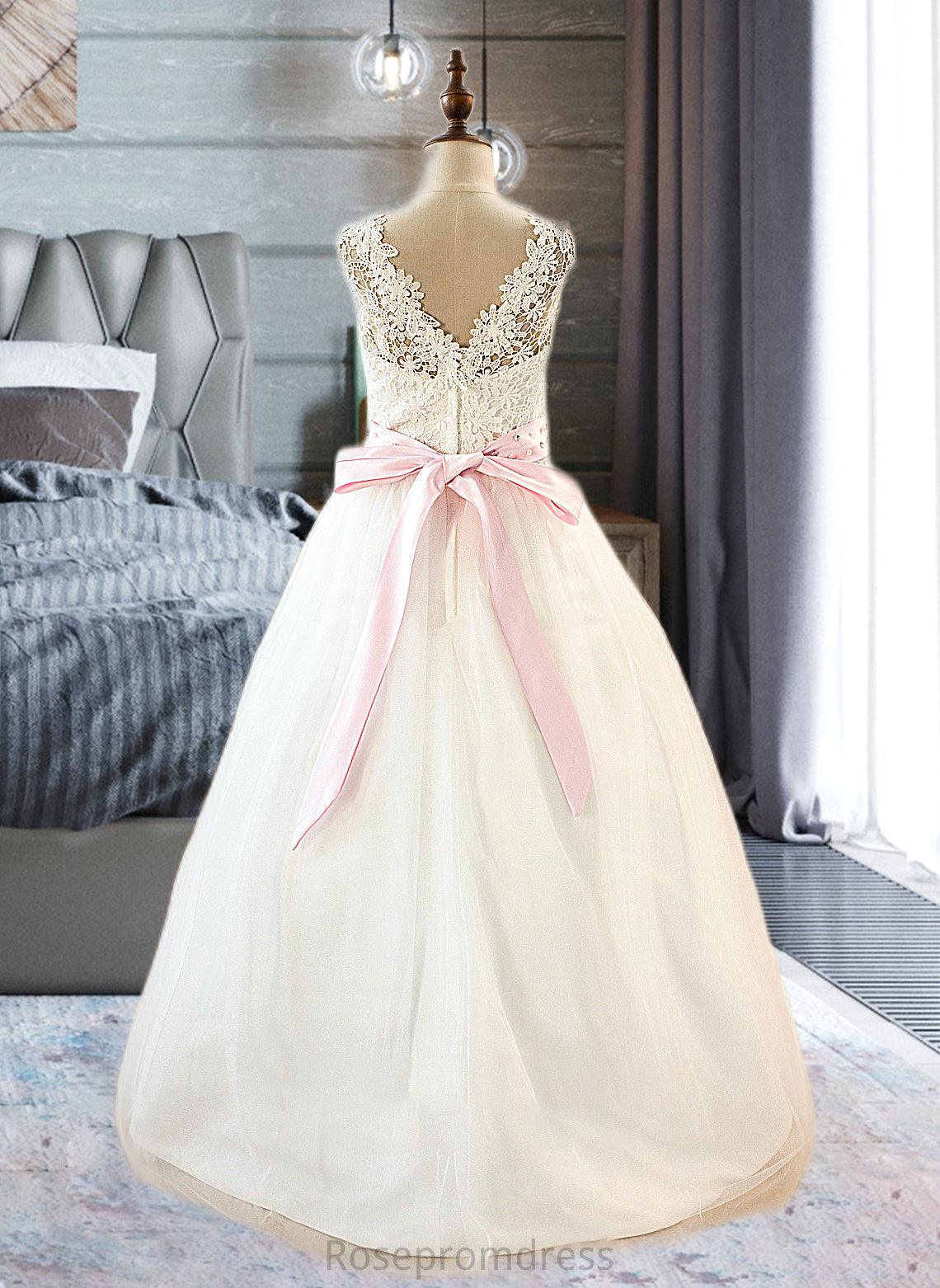 Shyla Ball-Gown/Princess Scoop Neck Floor-Length Tulle Junior Bridesmaid Dress With Sash Beading Bow(s) SRSP0013545