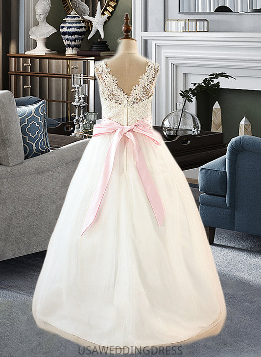 Vivienne Ball-Gown/Princess Scoop Neck Floor-Length Tulle Junior Bridesmaid Dress With Sash Beading Bow(s) DSP0013545