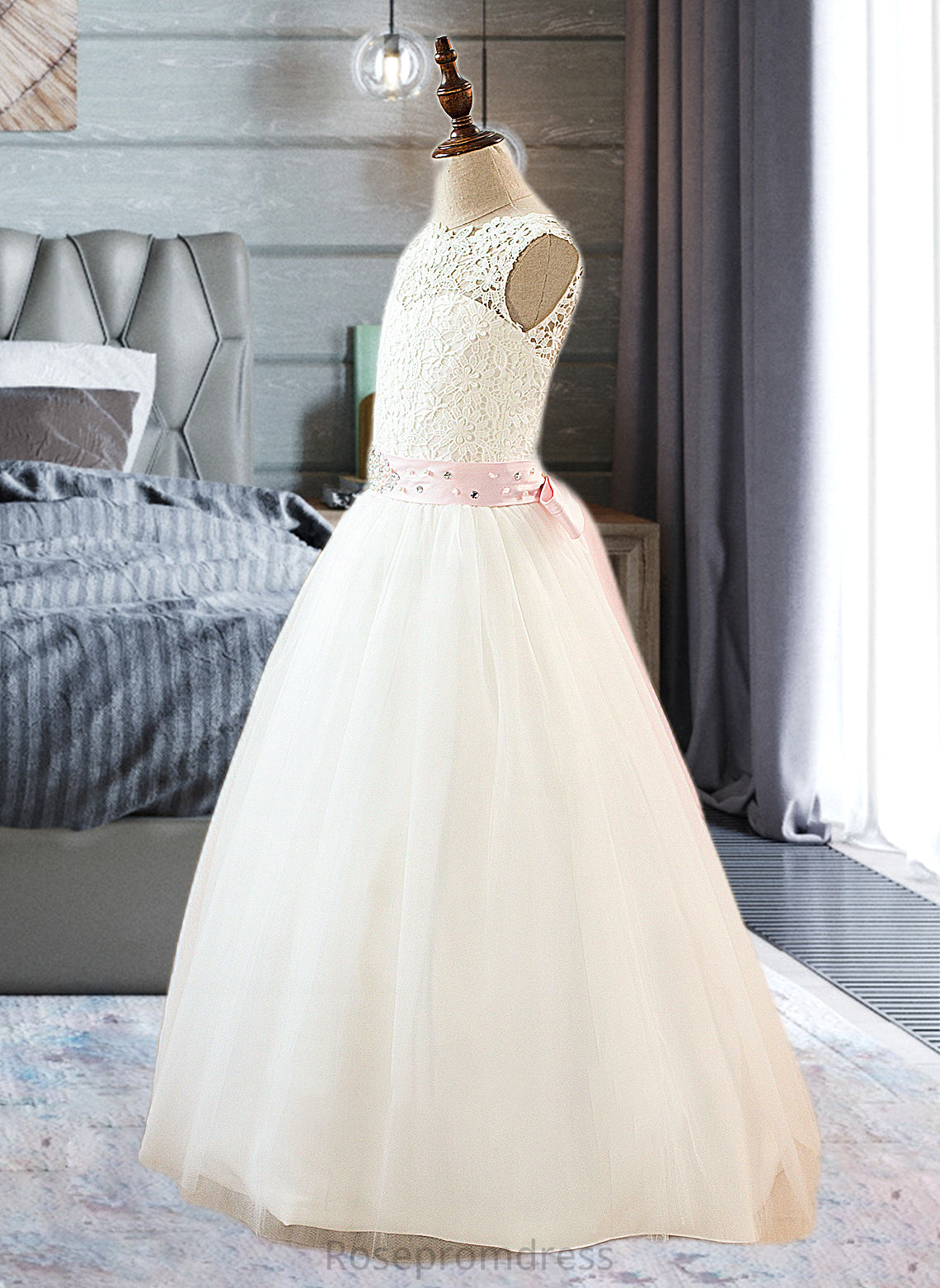 Shyla Ball-Gown/Princess Scoop Neck Floor-Length Tulle Junior Bridesmaid Dress With Sash Beading Bow(s) SRSP0013545