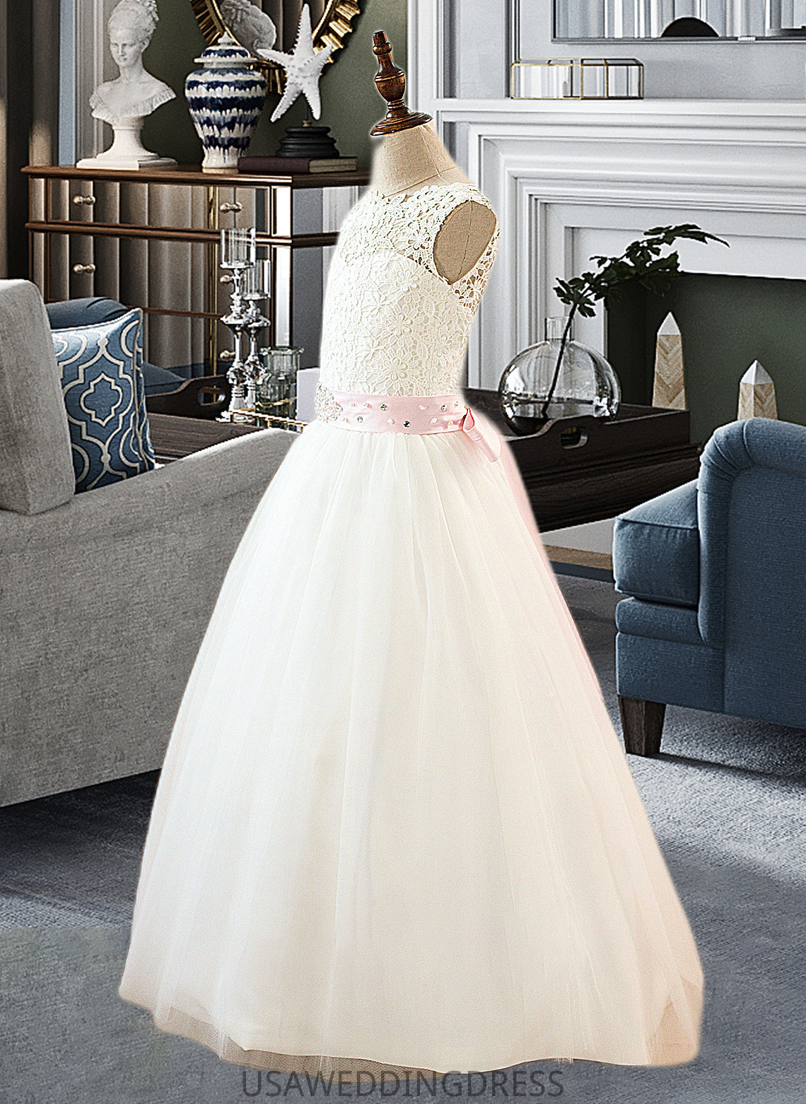 Vivienne Ball-Gown/Princess Scoop Neck Floor-Length Tulle Junior Bridesmaid Dress With Sash Beading Bow(s) DSP0013545