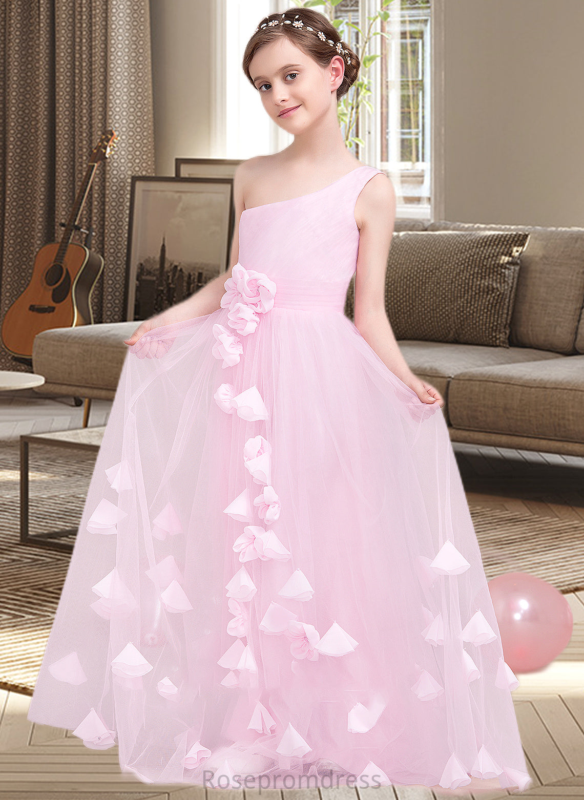 Paloma A-Line One-Shoulder Floor-Length Tulle Junior Bridesmaid Dress With Ruffle Flower(s) SRSP0013546