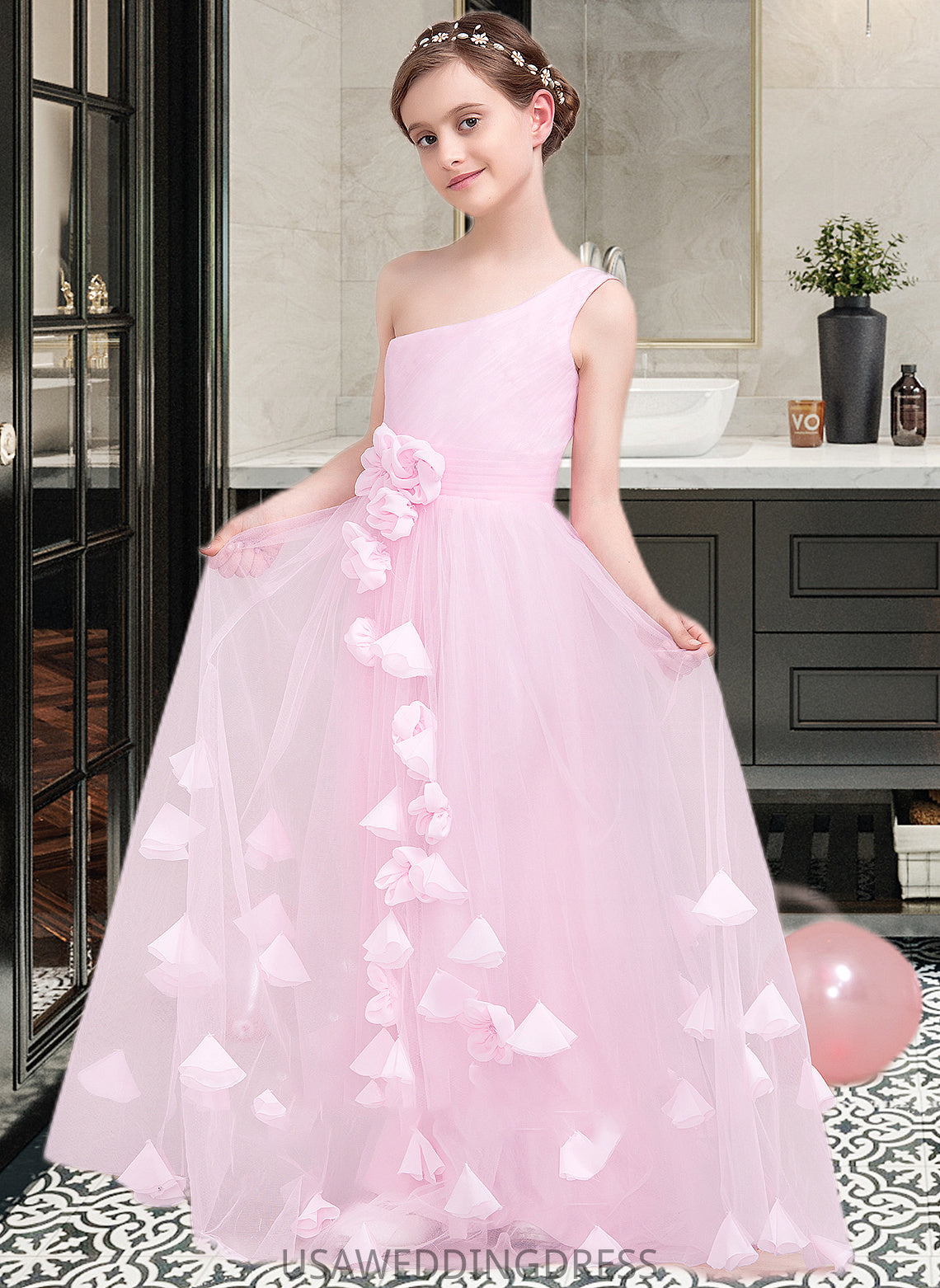 Heaven A-Line One-Shoulder Floor-Length Tulle Junior Bridesmaid Dress With Ruffle Flower(s) DSP0013546