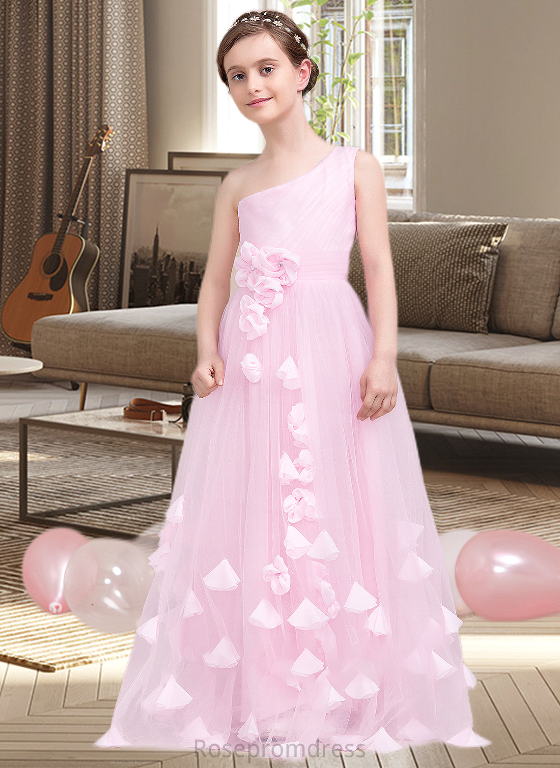 Paloma A-Line One-Shoulder Floor-Length Tulle Junior Bridesmaid Dress With Ruffle Flower(s) SRSP0013546