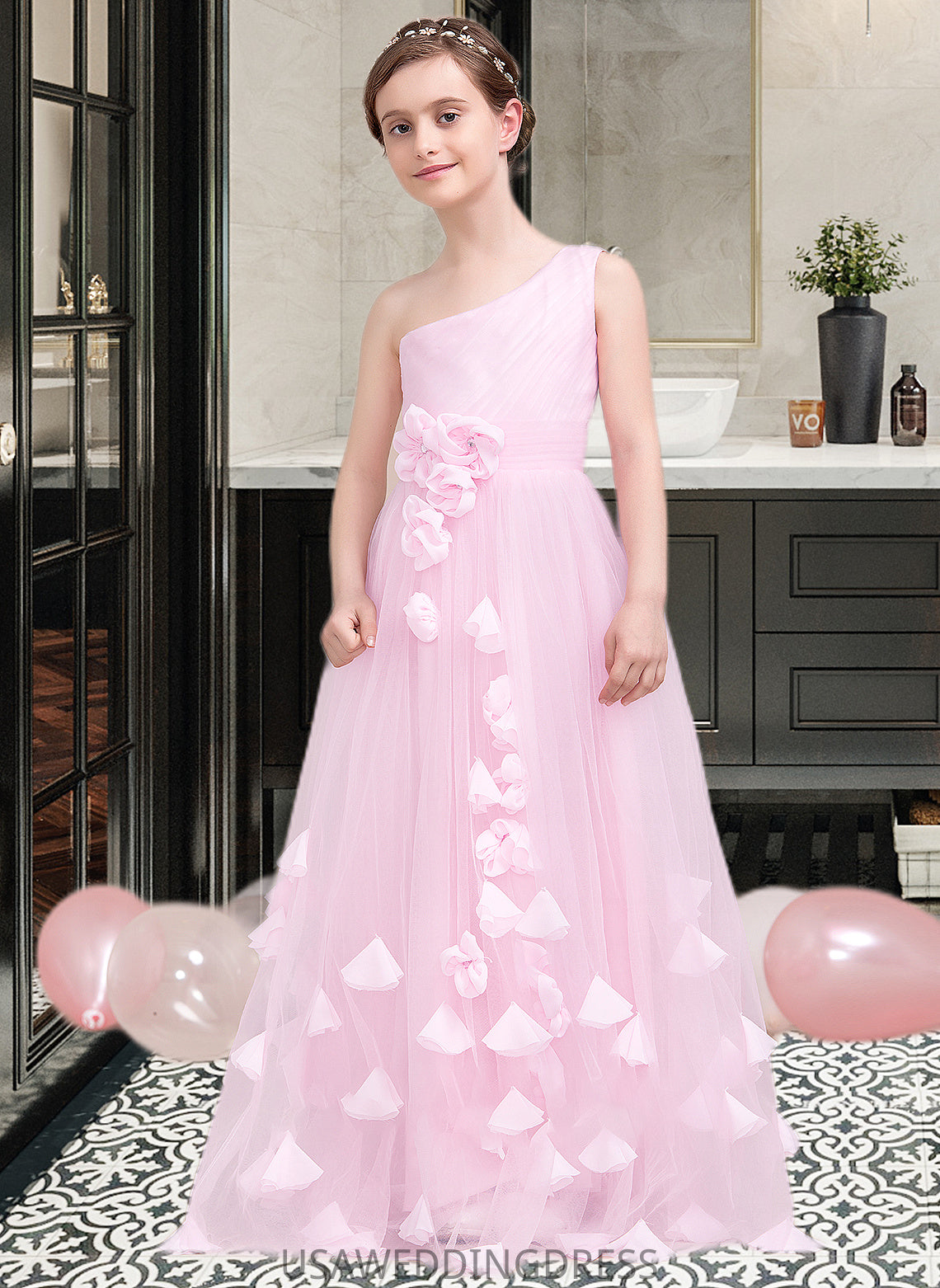 Heaven A-Line One-Shoulder Floor-Length Tulle Junior Bridesmaid Dress With Ruffle Flower(s) DSP0013546