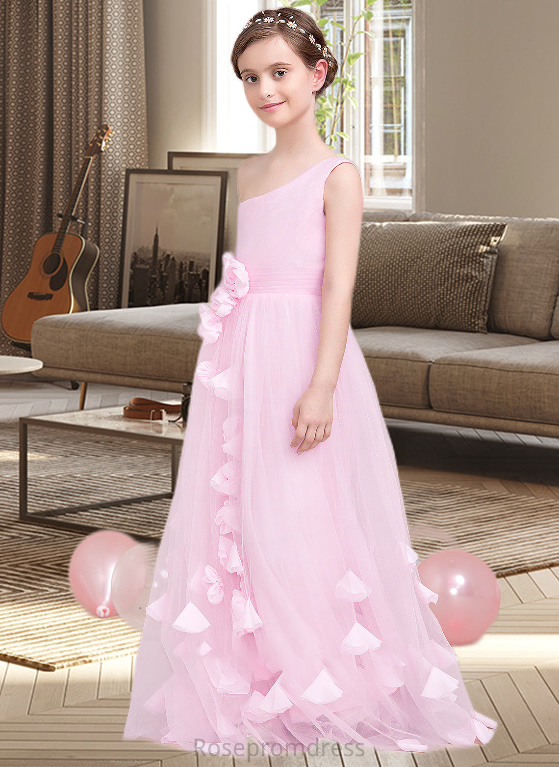 Paloma A-Line One-Shoulder Floor-Length Tulle Junior Bridesmaid Dress With Ruffle Flower(s) SRSP0013546