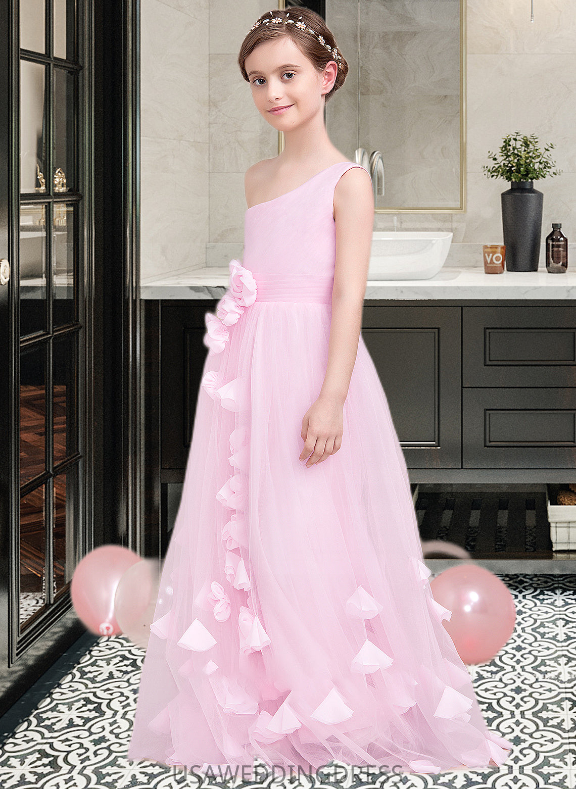 Heaven A-Line One-Shoulder Floor-Length Tulle Junior Bridesmaid Dress With Ruffle Flower(s) DSP0013546