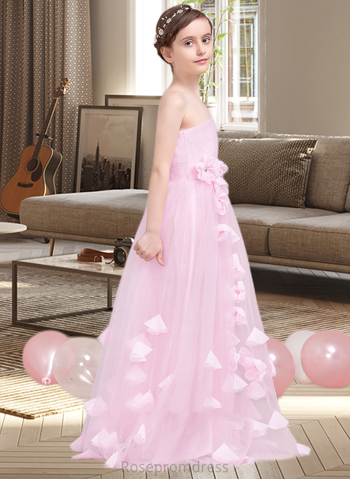 Paloma A-Line One-Shoulder Floor-Length Tulle Junior Bridesmaid Dress With Ruffle Flower(s) SRSP0013546