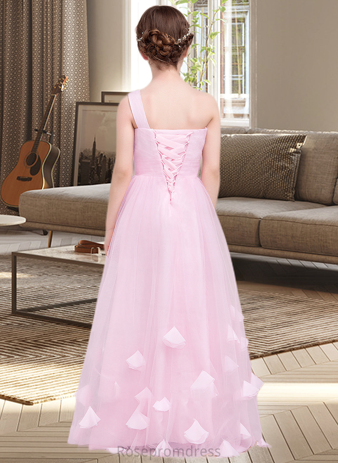 Paloma A-Line One-Shoulder Floor-Length Tulle Junior Bridesmaid Dress With Ruffle Flower(s) SRSP0013546