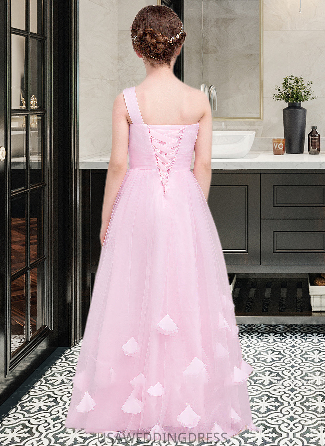 Heaven A-Line One-Shoulder Floor-Length Tulle Junior Bridesmaid Dress With Ruffle Flower(s) DSP0013546