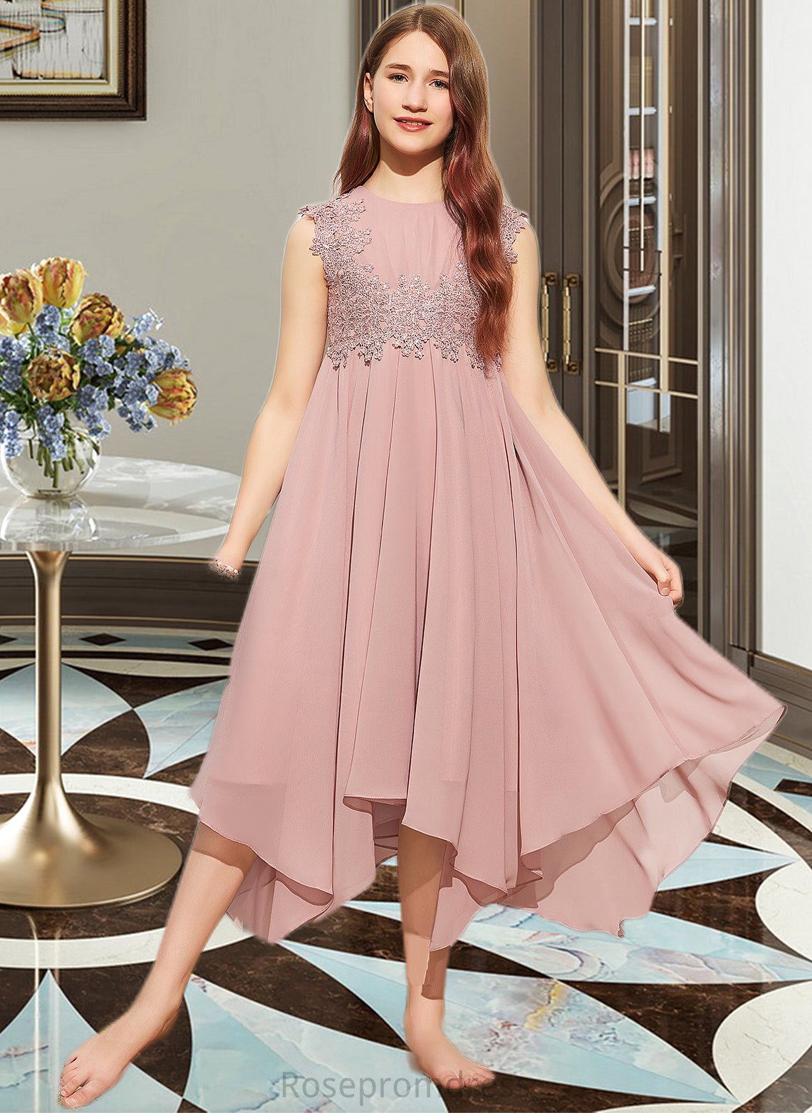 Anna A-Line Scoop Neck Tea-Length Chiffon Lace Junior Bridesmaid Dress SRSP0013547