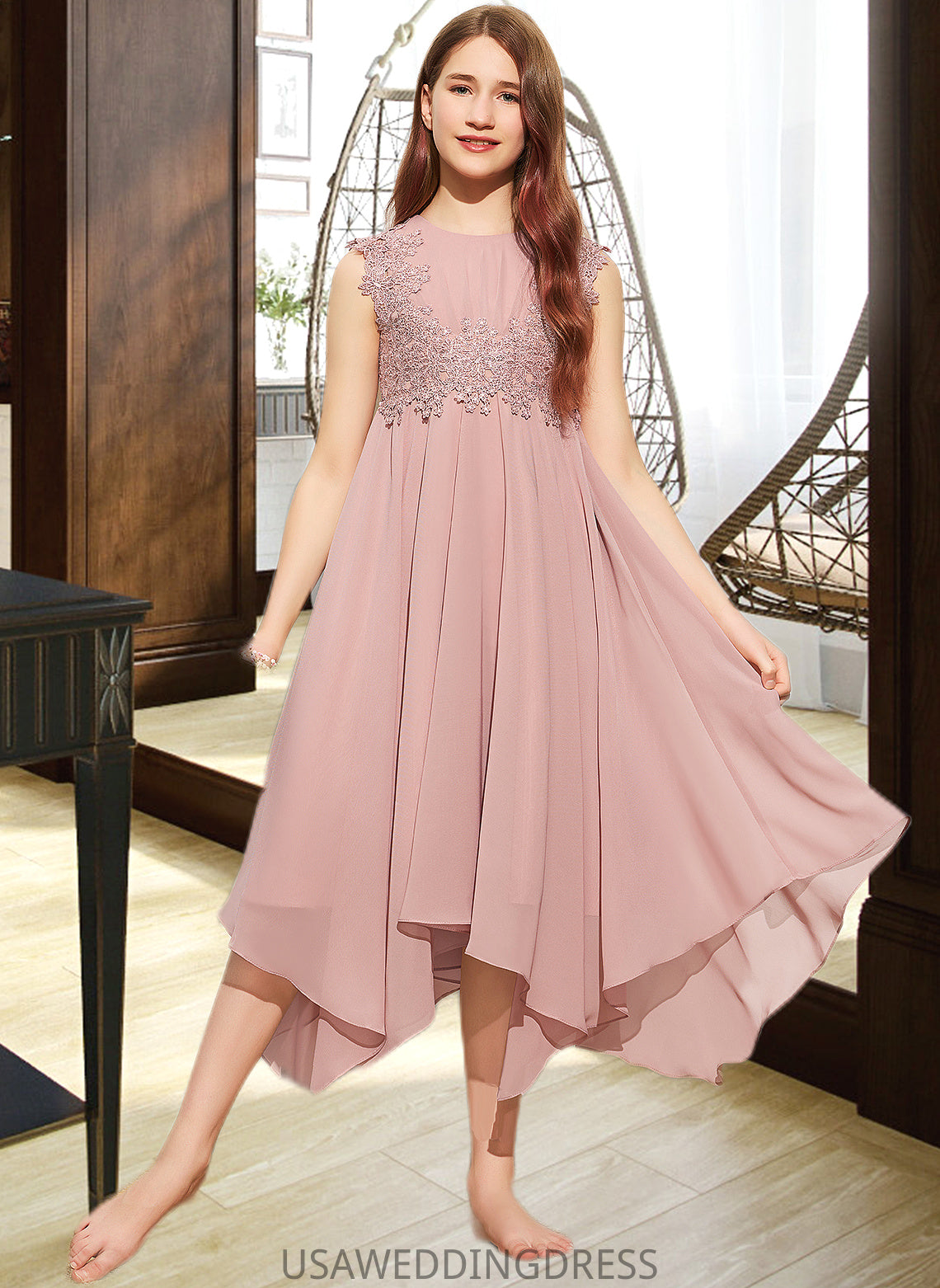 Bryanna A-Line Scoop Neck Tea-Length Chiffon Lace Junior Bridesmaid Dress DSP0013547