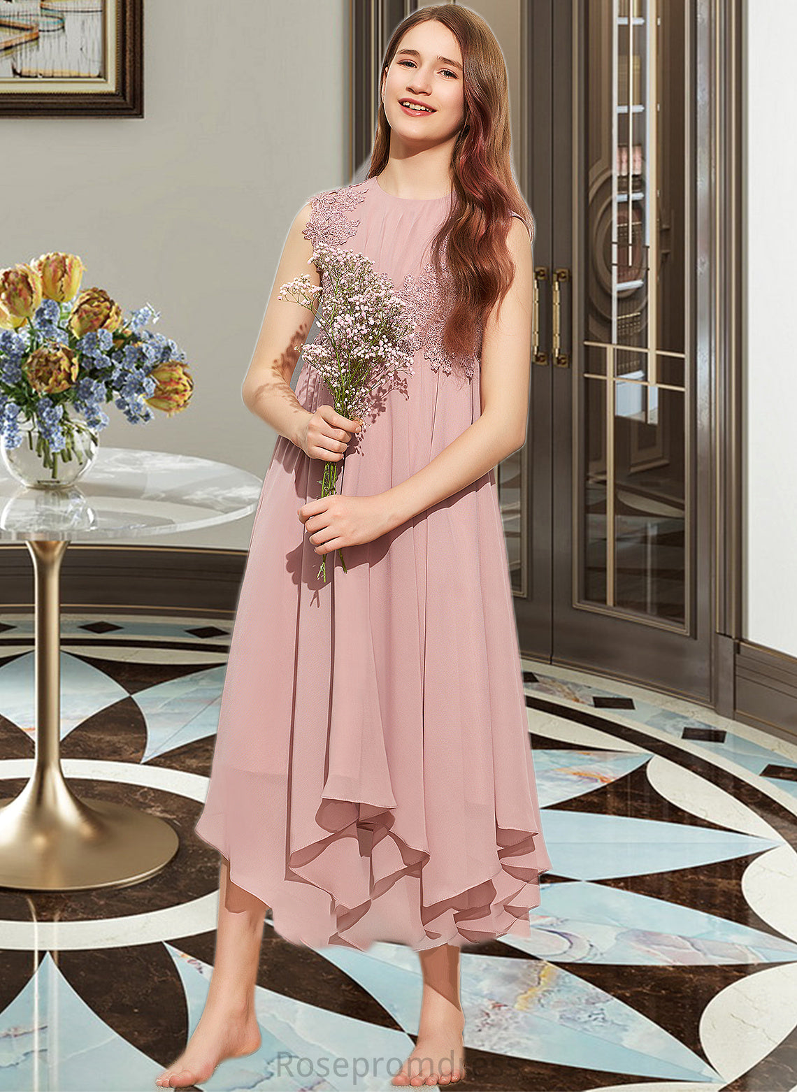 Anna A-Line Scoop Neck Tea-Length Chiffon Lace Junior Bridesmaid Dress SRSP0013547