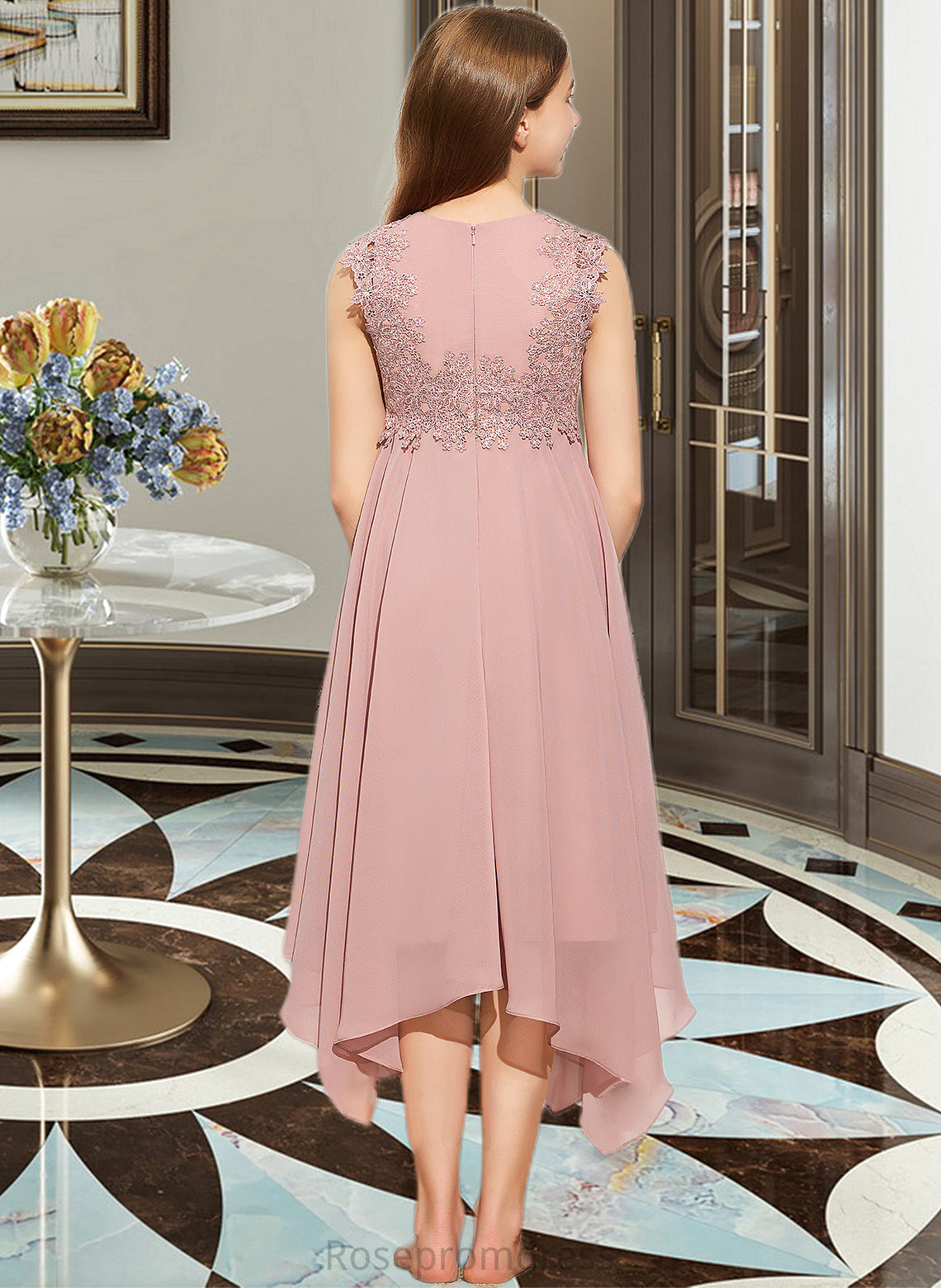 Anna A-Line Scoop Neck Tea-Length Chiffon Lace Junior Bridesmaid Dress SRSP0013547