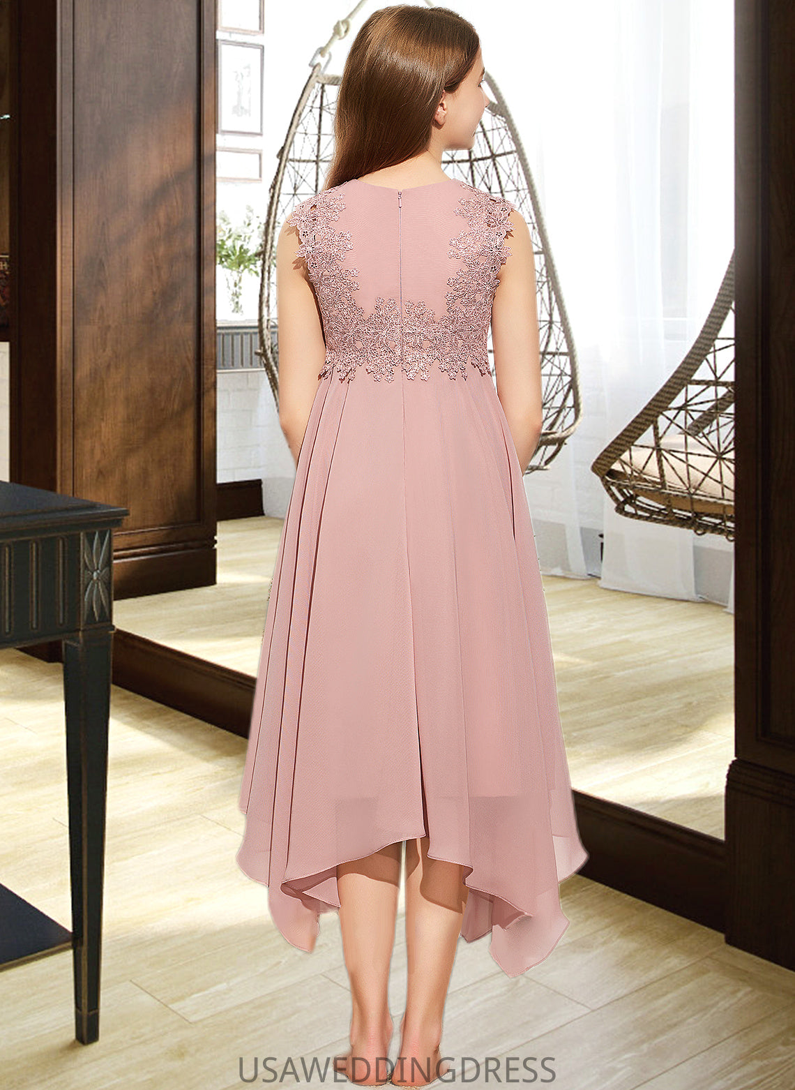 Bryanna A-Line Scoop Neck Tea-Length Chiffon Lace Junior Bridesmaid Dress DSP0013547